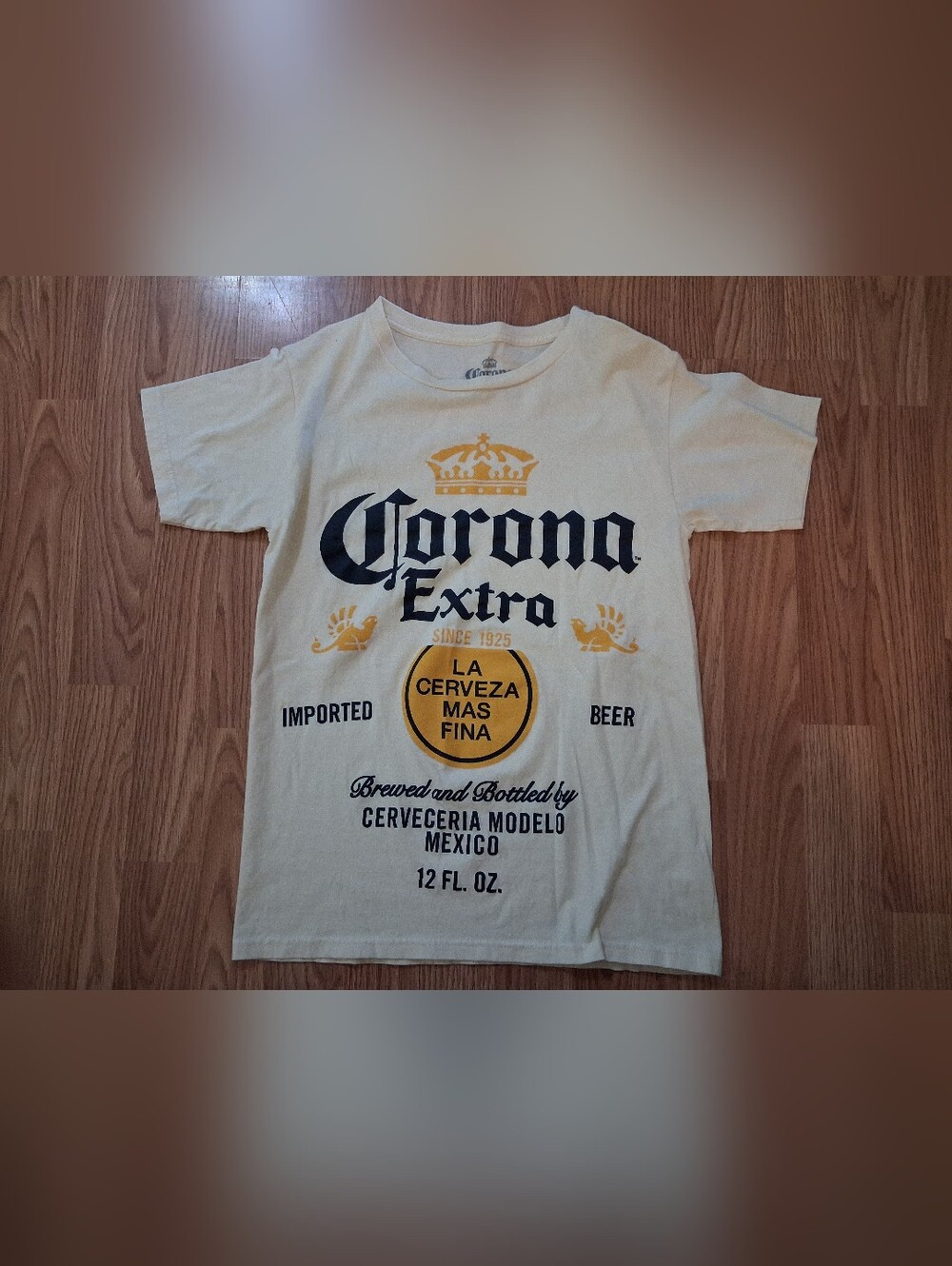 CORONA EXTRA Graphic Tee. Mens. Size Small. Cream/off White, Blue & Yellow